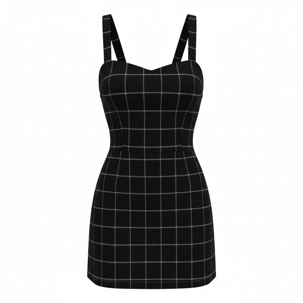 BeBop Black Grid Plaid Mini Dress Schoolcore Grommet Straps Zipper Back Womens S